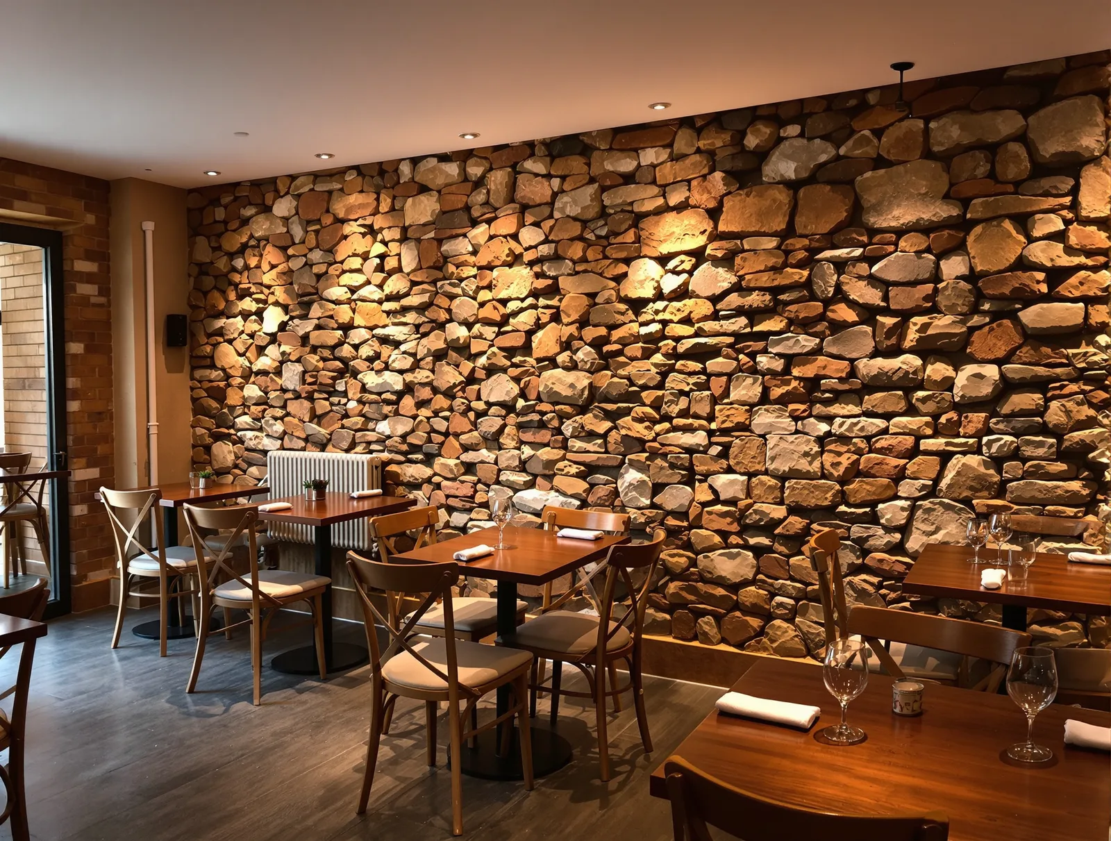 Restoran iç mekânı, taş duvar ve ahşap mobilyalar