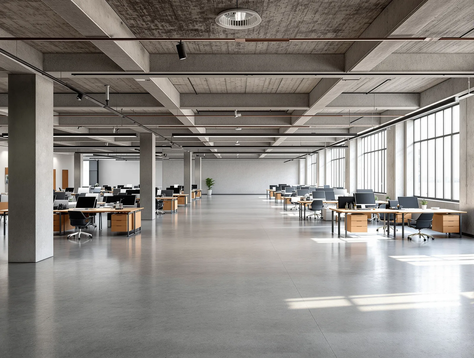 Açık ofis alanı, ahşap ve beton yüzeyler